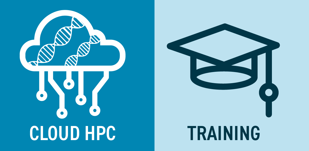 A graphic showing two icons that represent cloud computing (with a cloud) and training (with a graduation hat)